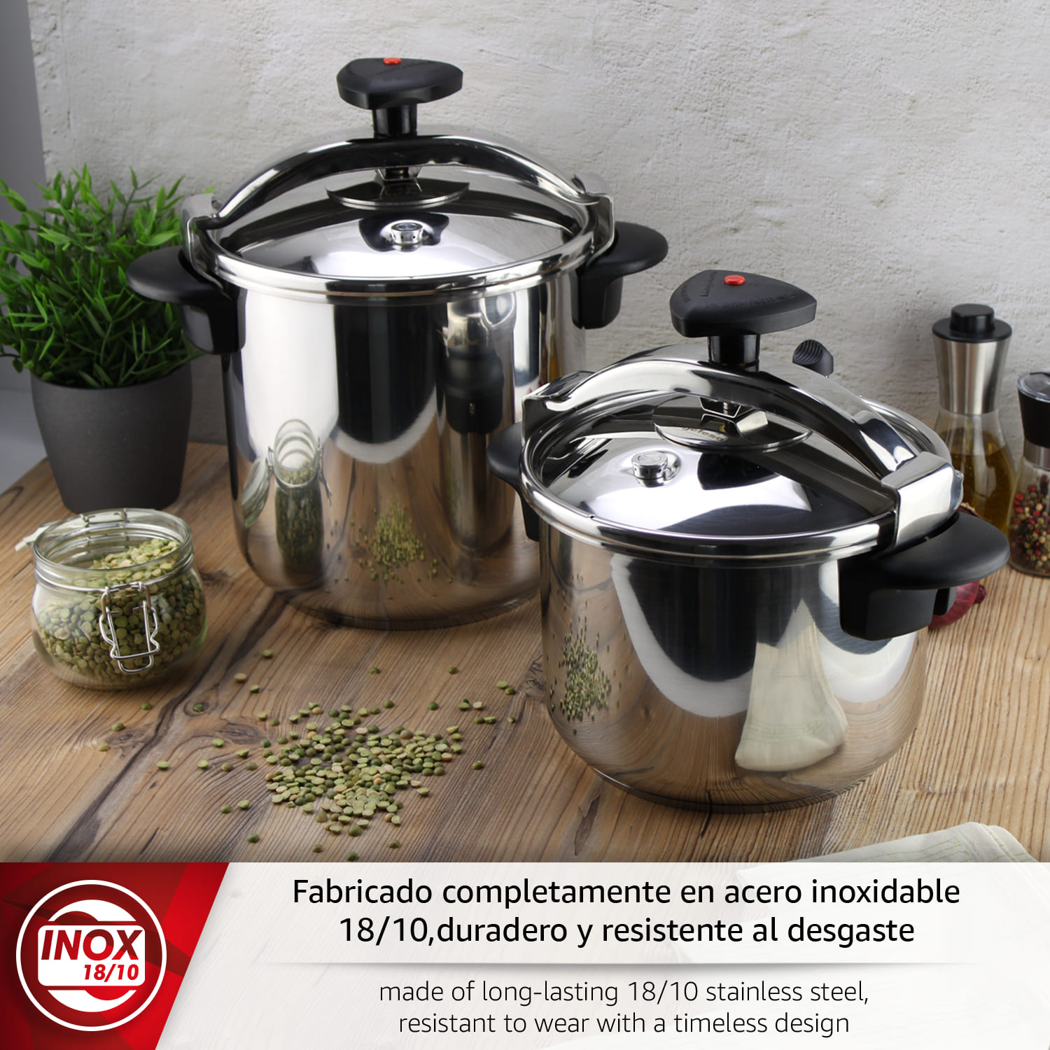 Dos ollas a presión de acero inoxidable con un frasco de lentejas.
