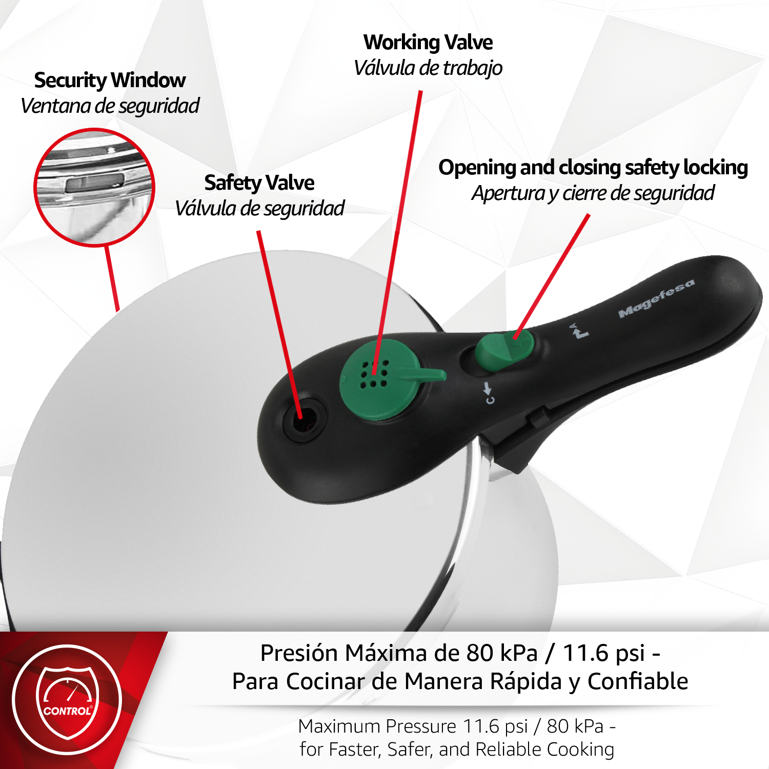 Olla a presión con características de seguridad: válvula de trabajo, válvula de seguridad.