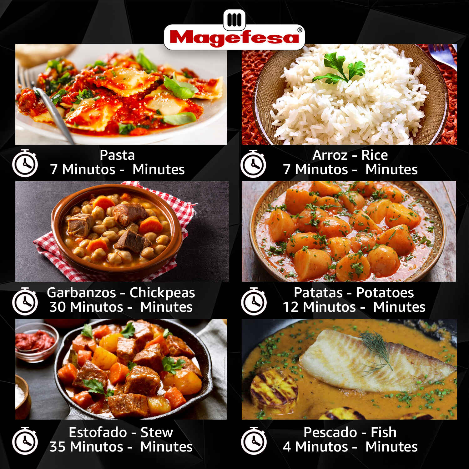 Seis platos: pasta, arroz, garbanzos, patatas, estofado, pescado.