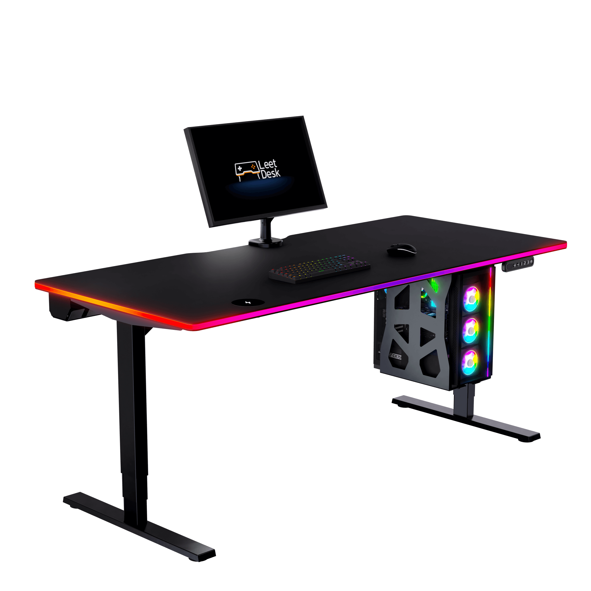 Ein schwarzer Gaming-Schreibtisch mit RGB-Beleuchtung, Monitor, Tastatur und Maus.