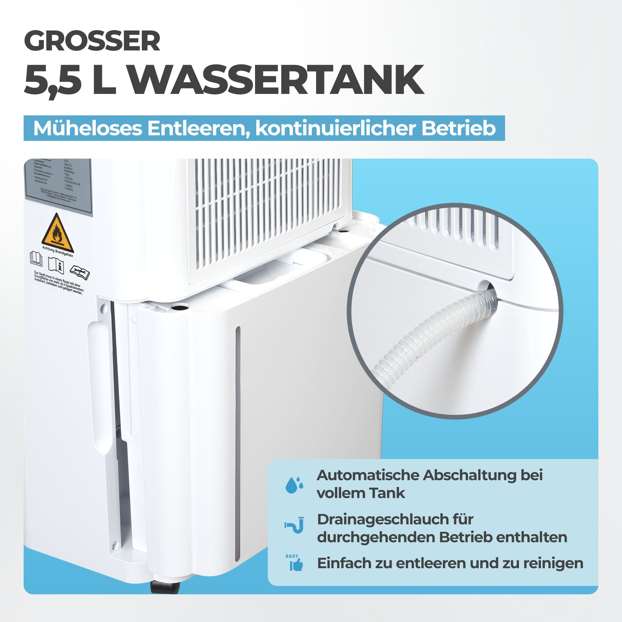 Weißer Luftentfeuchter mit großem 5,5L Tank, Schlauch und Hinweisen.
