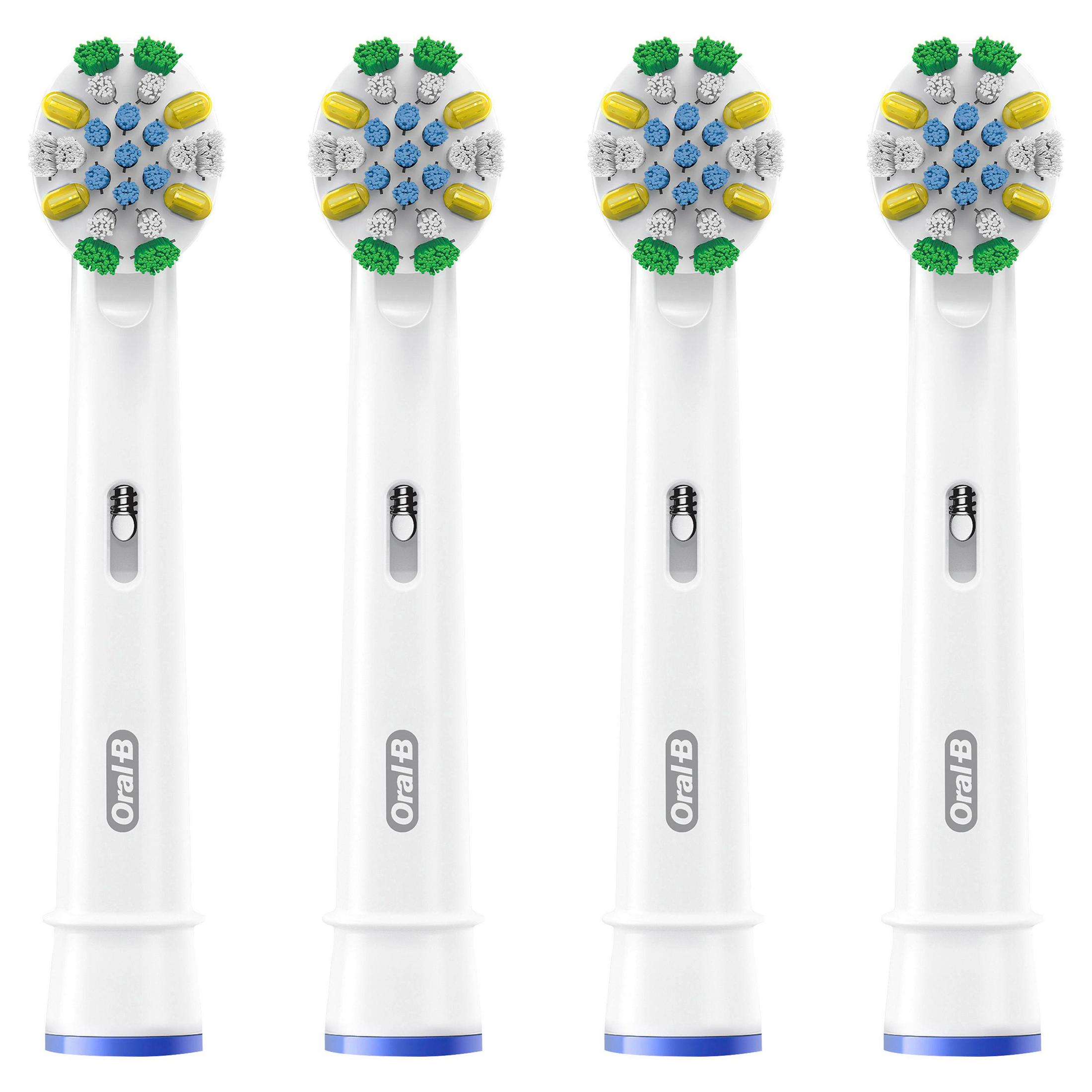 Quattro testine Oral-B bianche con setole blu, gialle e bianche.