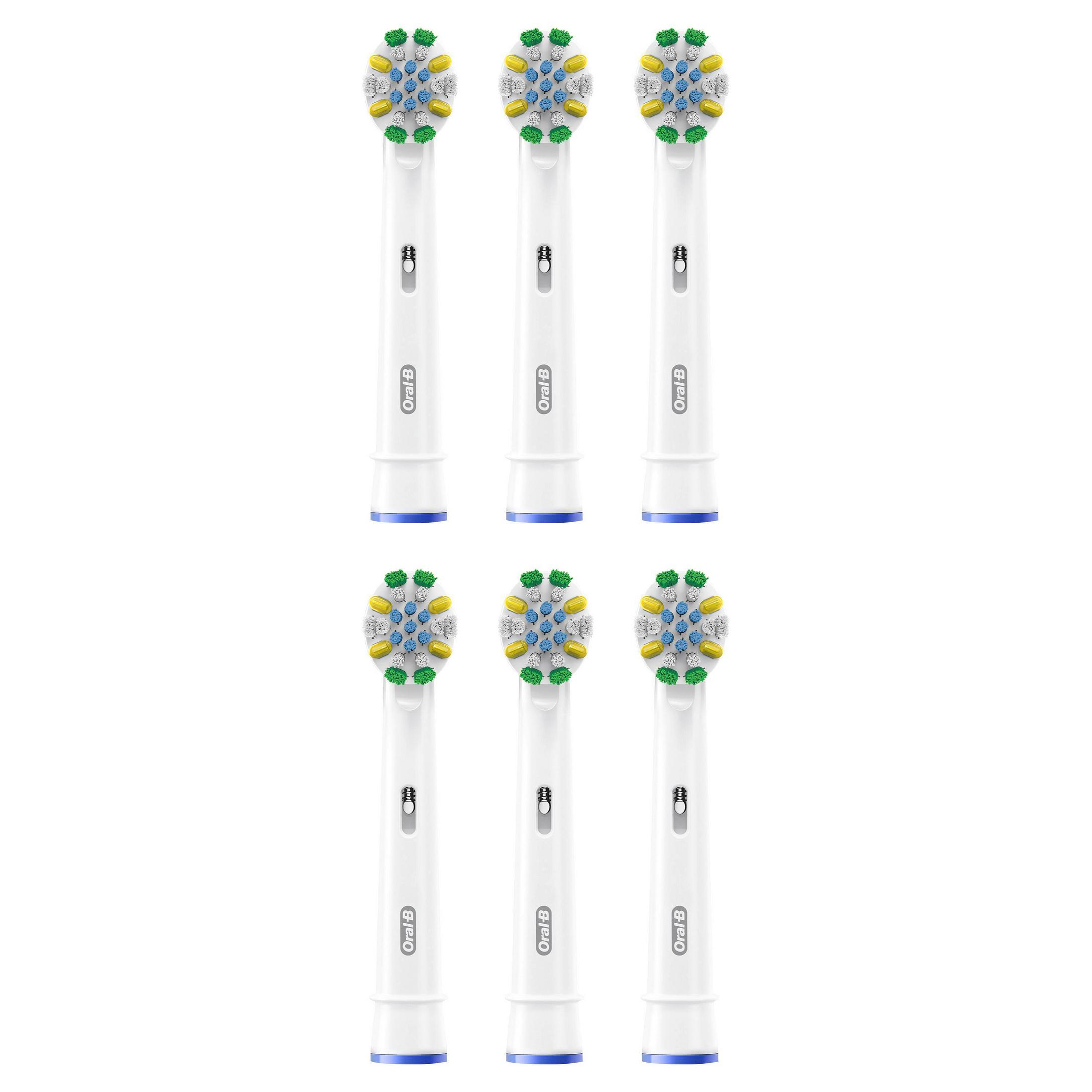 Sechs weiße Oral-B Aufsteckbürsten mit blauen und gelben Borsten.