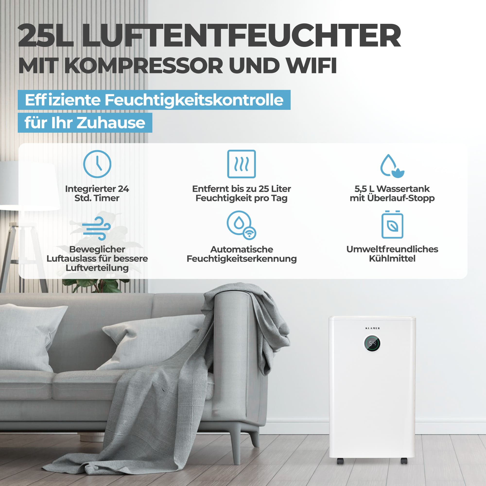 Ein weißer Luftentfeuchter mit Kompressor und WLAN steht neben einem Sofa.