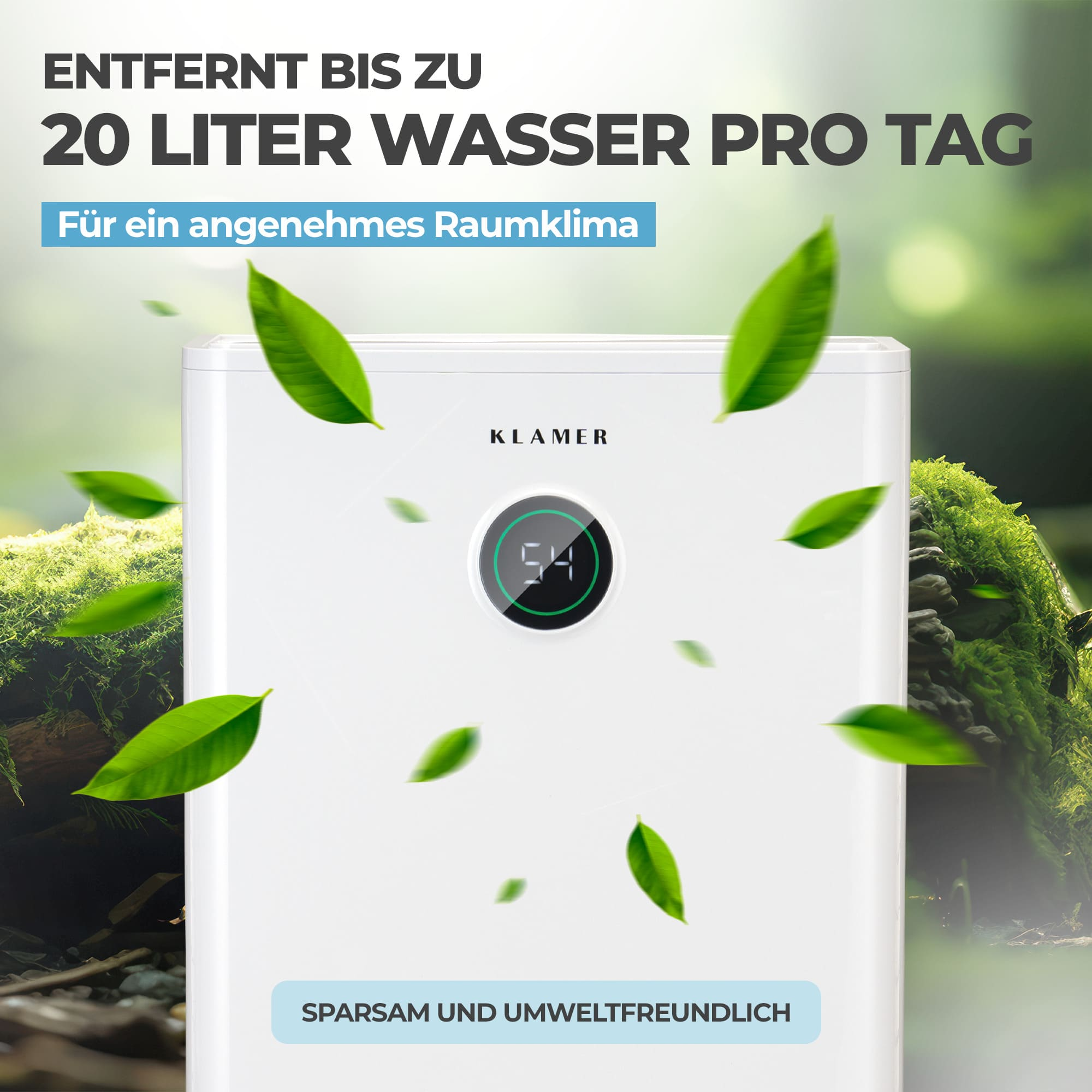 Ein weißer Luftentfeuchter von KLAMER mit digitaler Anzeige, umgeben von grünen Blättern.