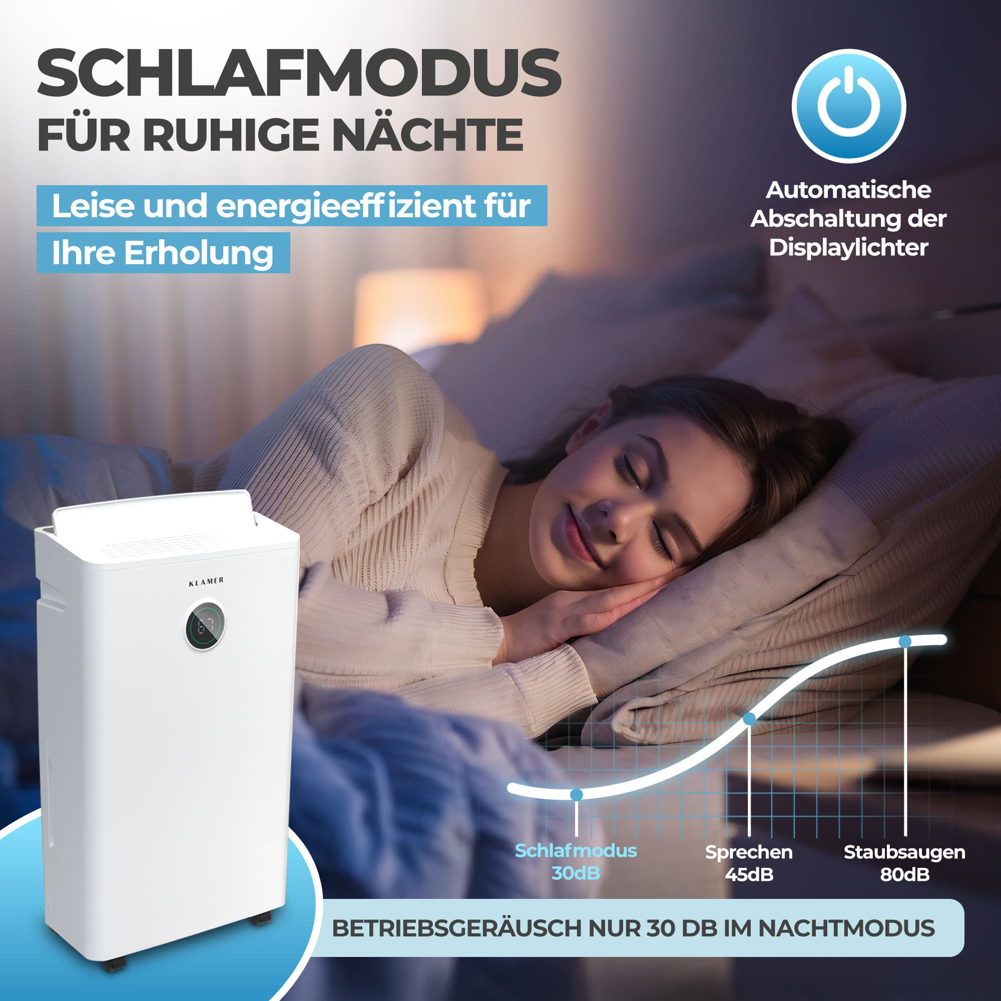 Ein Luftreiniger steht neben einer schlafenden Frau. Der Schlafmodus ist leise.
