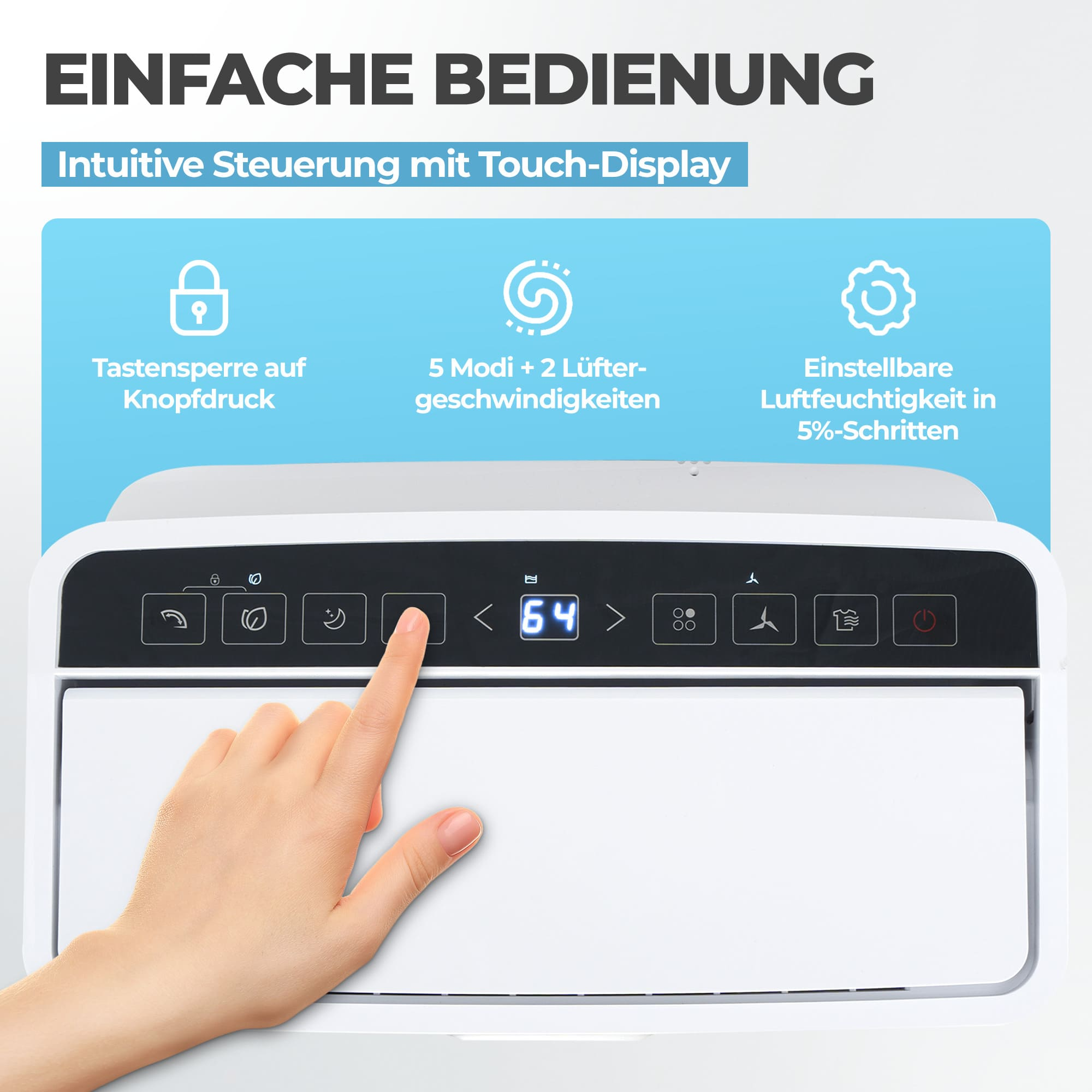 Ein Finger berührt das Touch-Display eines Geräts mit Symbolen und der Anzeige 64.