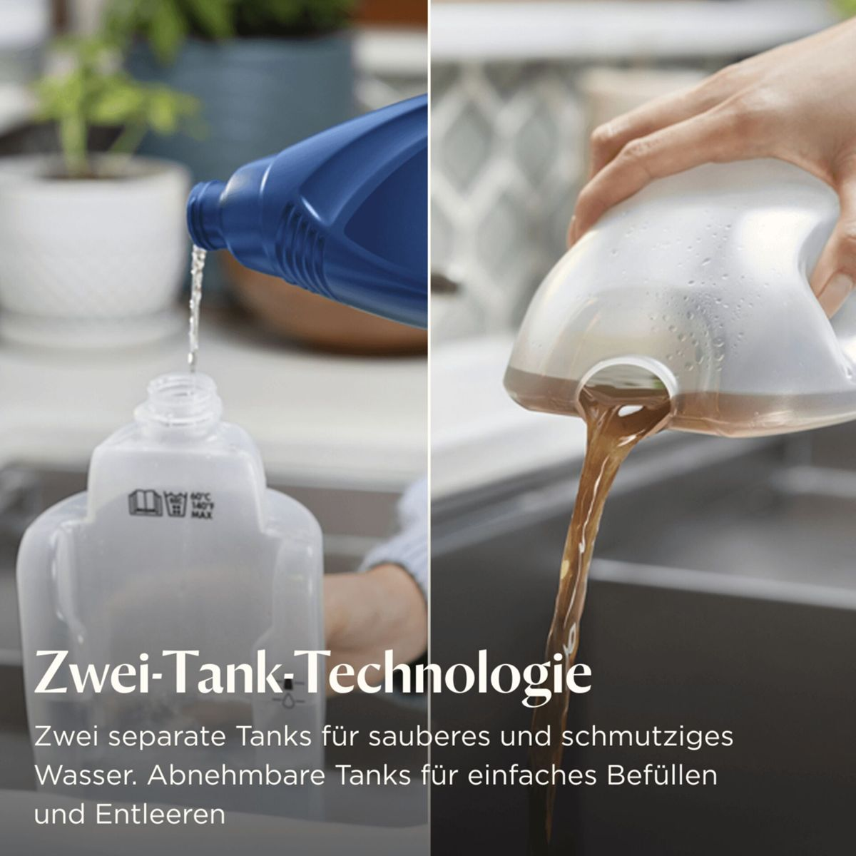 Wasser wird in einen Tank gegossen, schmutziges Wasser fließt aus einem anderen.