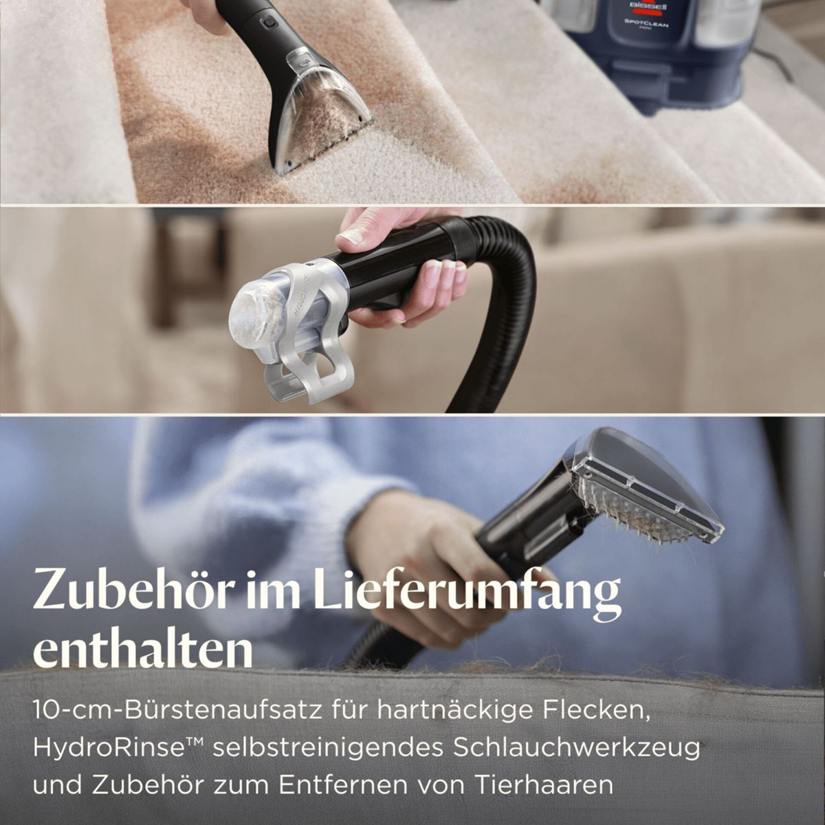Bürstenaufsatz reinigt Teppich, Hand hält Schlauchwerkzeug, Text über Zubehör.