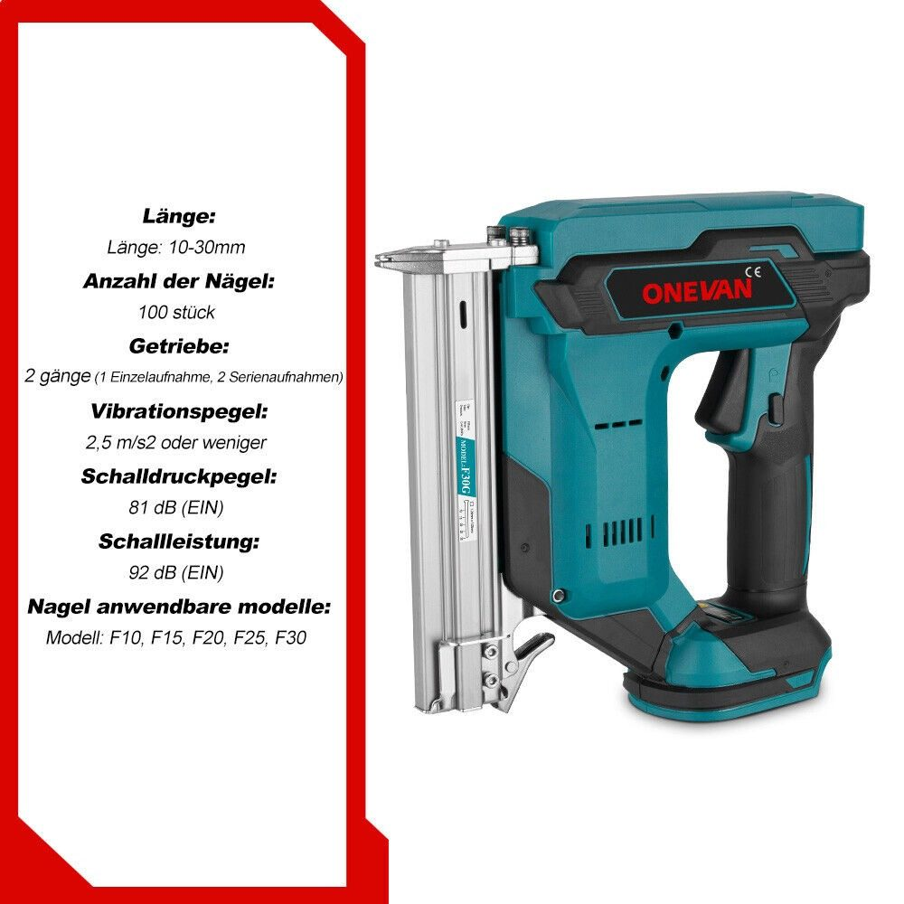 Ein teal und schwarzer ONEVAN Nagler mit technischen Daten auf Deutsch.