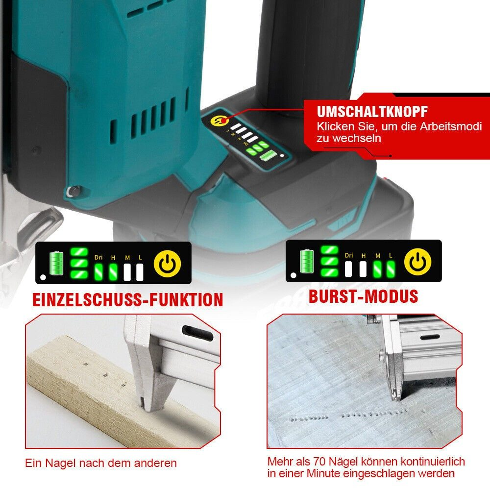 Werkzeug mit Modi: Einzel- und Serienmodus. Zeigt Batteriestand und Modi an.
