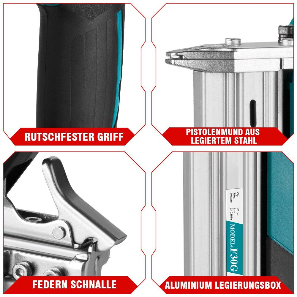 Detailaufnahme eines Werkzeugs mit Griff, Mundstück, Schnalle und Gehäuse.