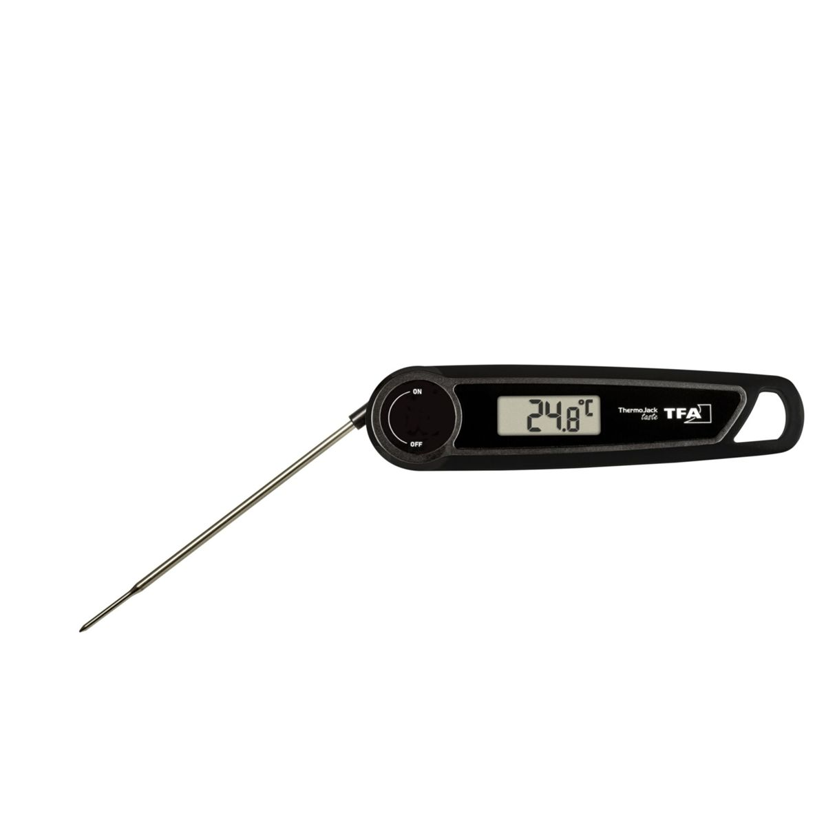 Ein schwarzer Digitalthermometer mit silbernem Messfühler und Display.