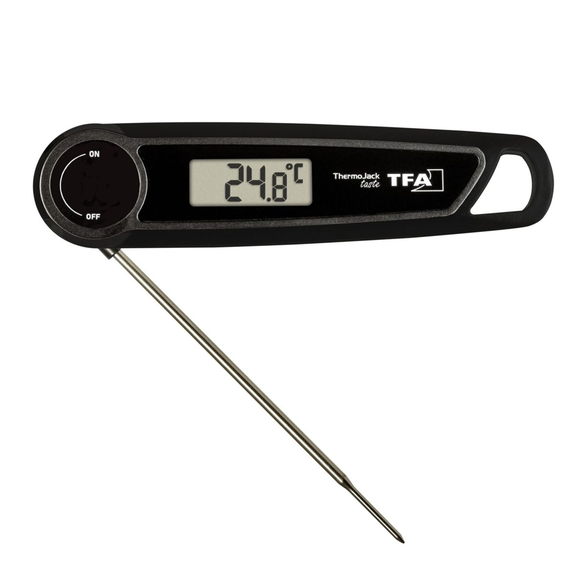 Ein schwarzes digitales Thermometer mit aufklappbarem Metallfühler und LCD-Anzeige.