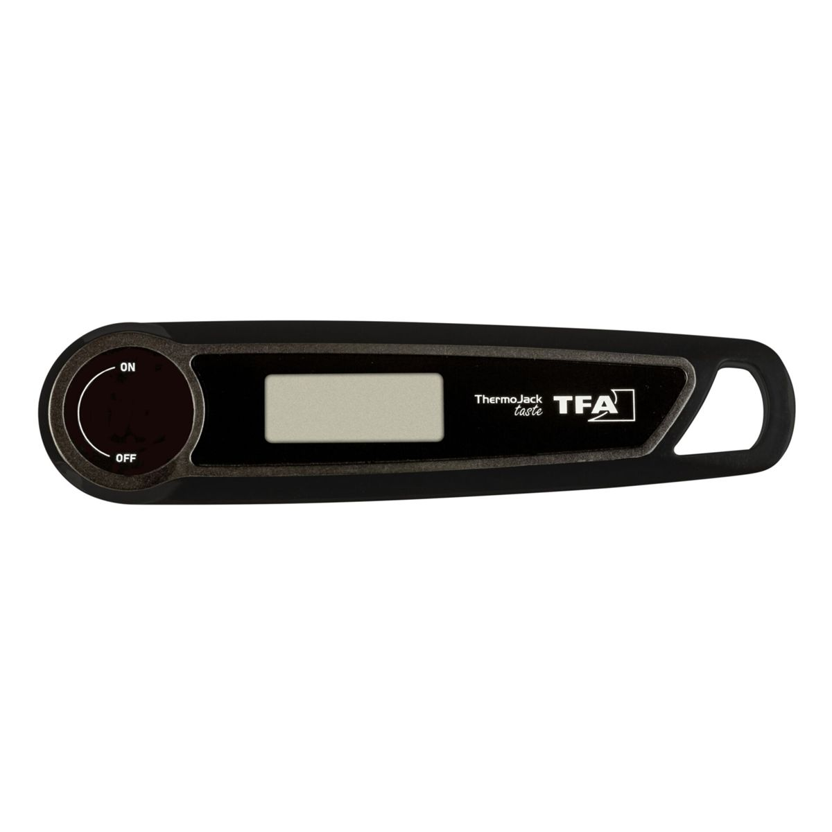 Schwarzer digitaler Thermometer mit LCD-Anzeige, Ein/Aus-Schalter und TFA-Logo.