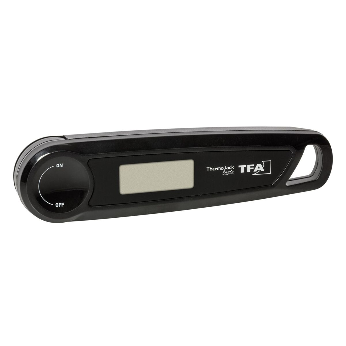 Schwarzer digitaler Thermometer mit Ein-/Aus-Schalter und LCD-Bildschirm.