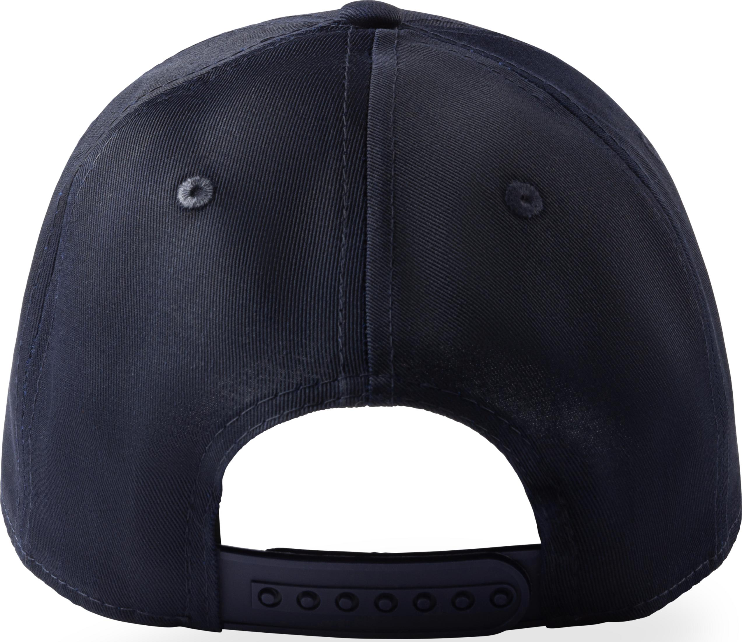 Cappellino blu scuro, visto da dietro, con cinturino regolabile e bottoni.