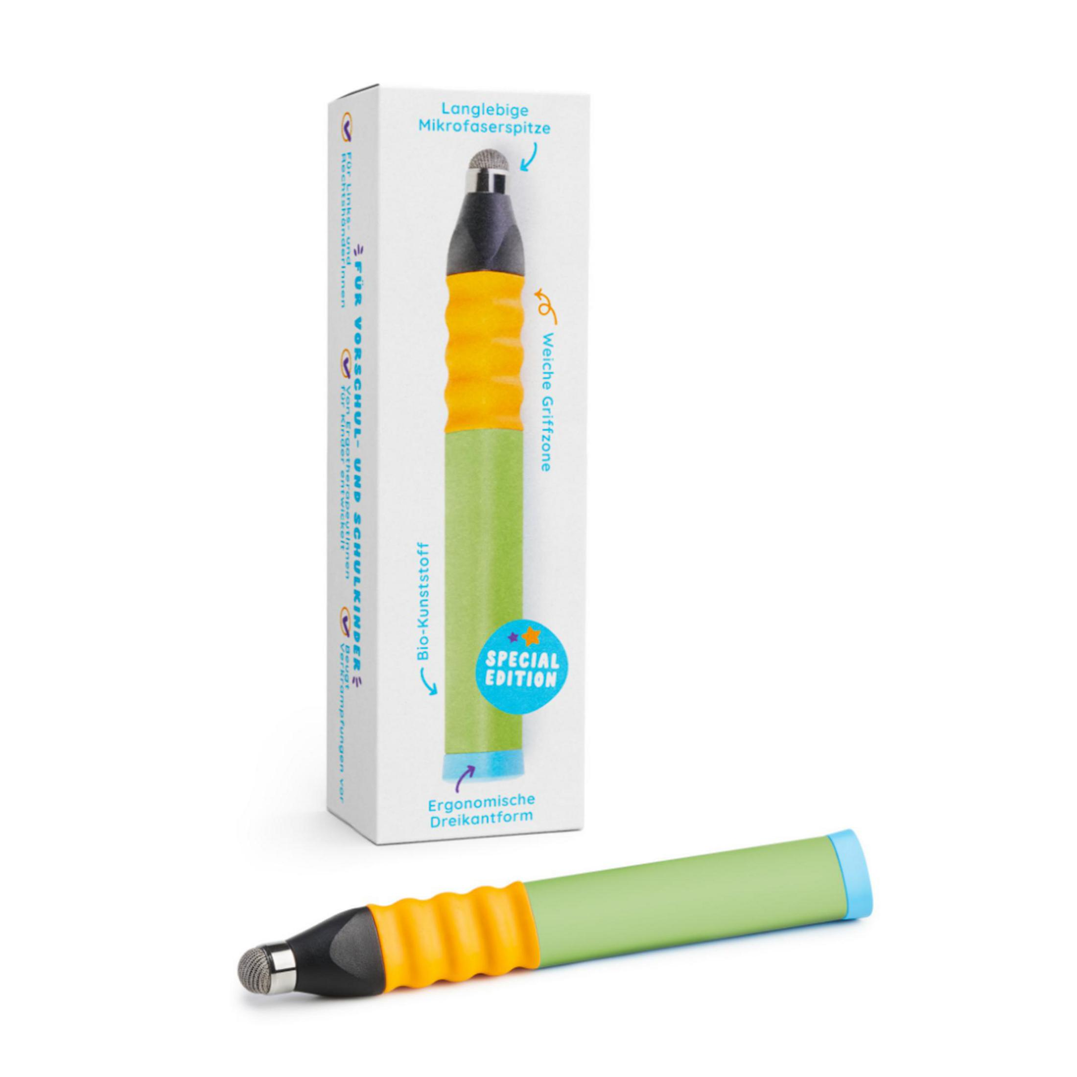 Ein Stift mit Mikrofaser-Spitze, orangefarbener Griffzone und grünem Schaft.
