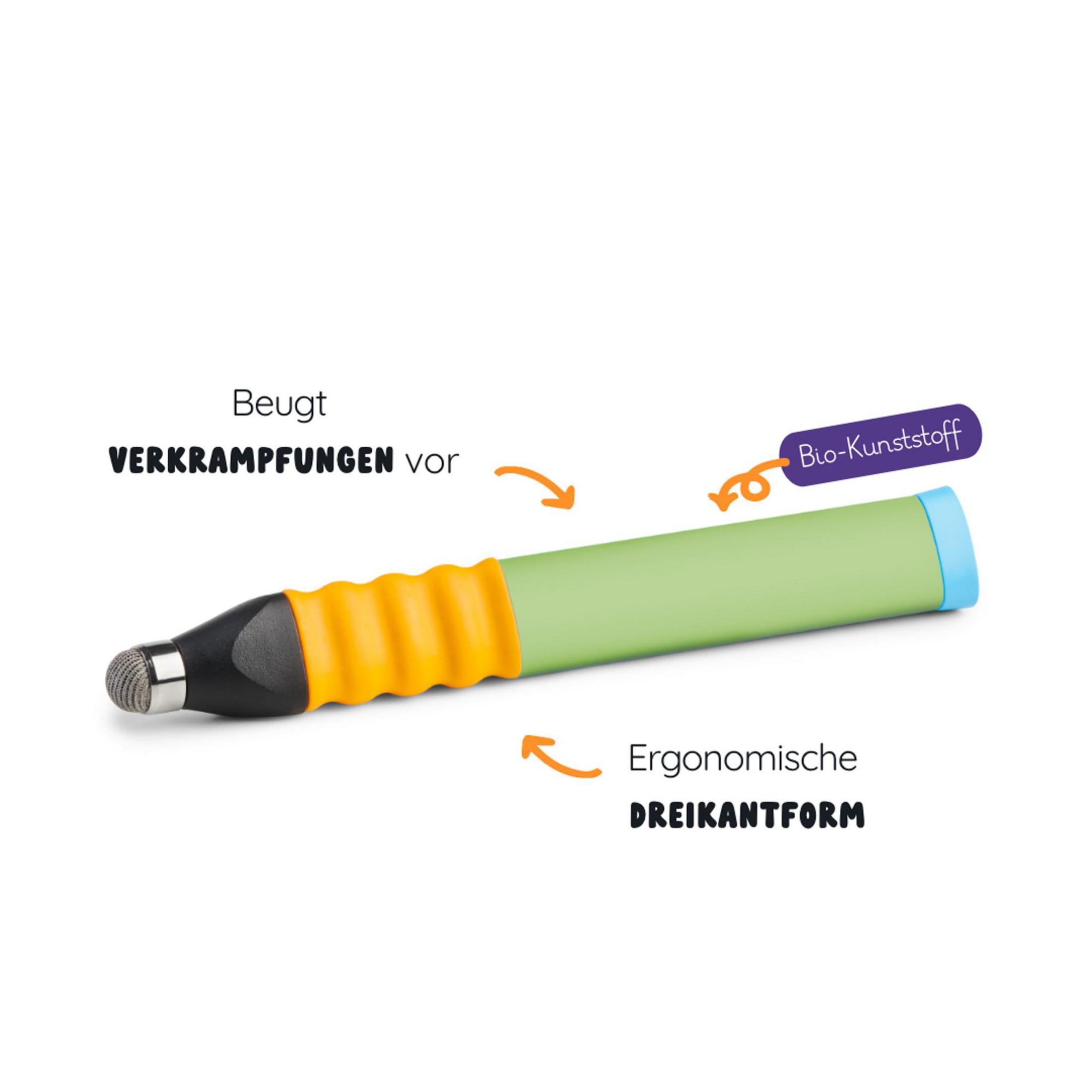Grüner Stift mit orangem Griff, blauem Ende und Text.