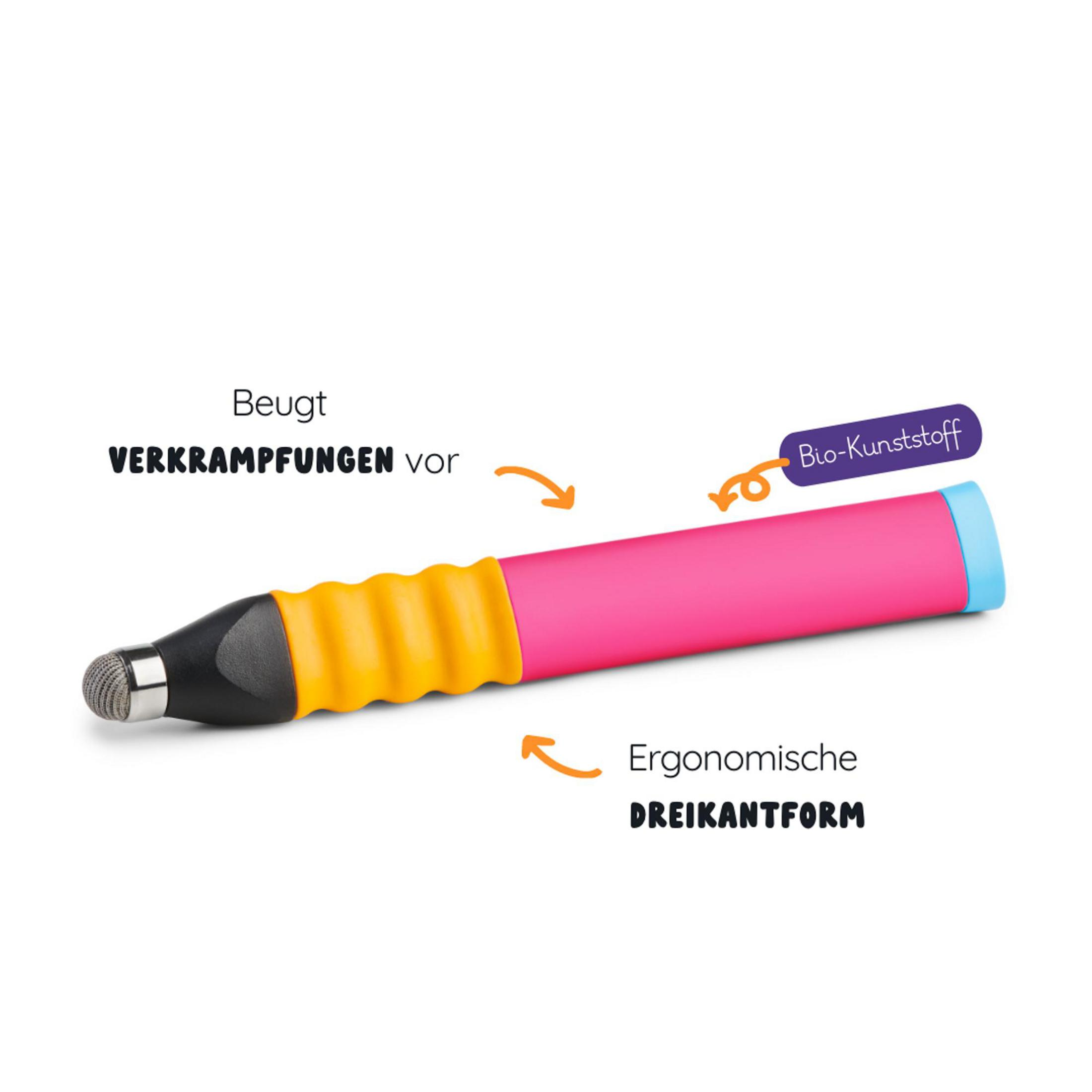 Un stylet avec une pointe tactile, une poignée jaune et un corps rose.