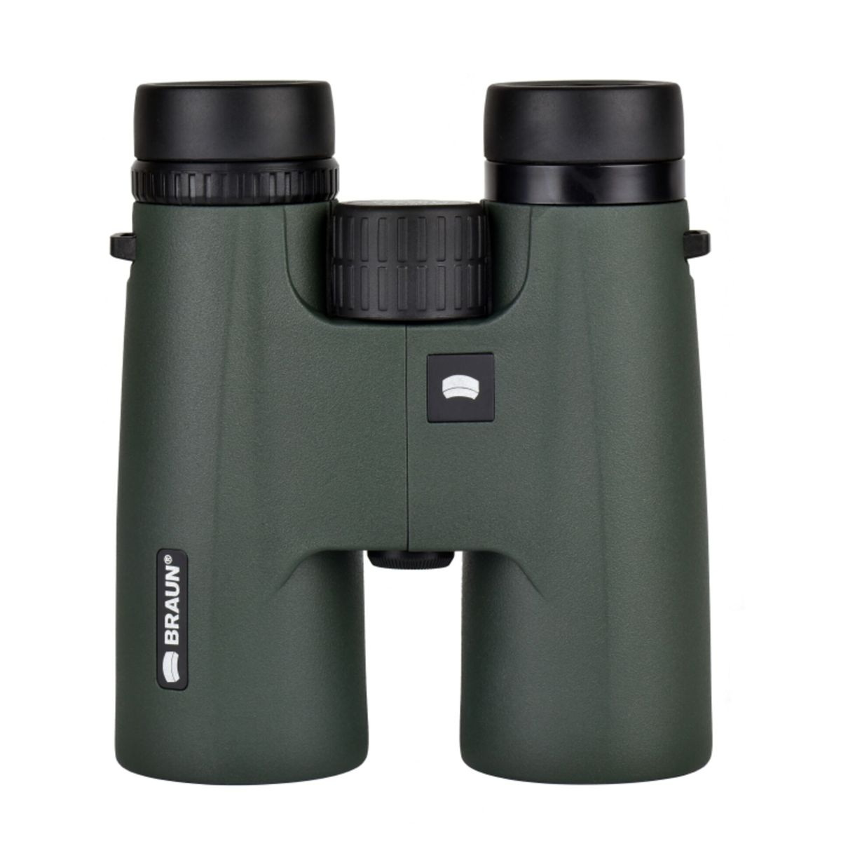 Binocolo verde scuro con rotella di messa a fuoco e oculari neri.