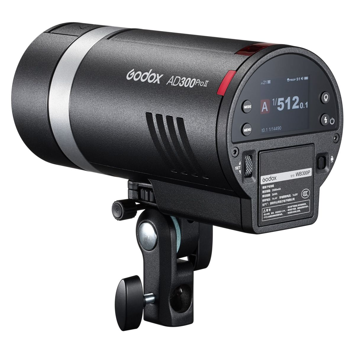 Black Godox AD300Pro strobe head with silver ring and LCD screen.