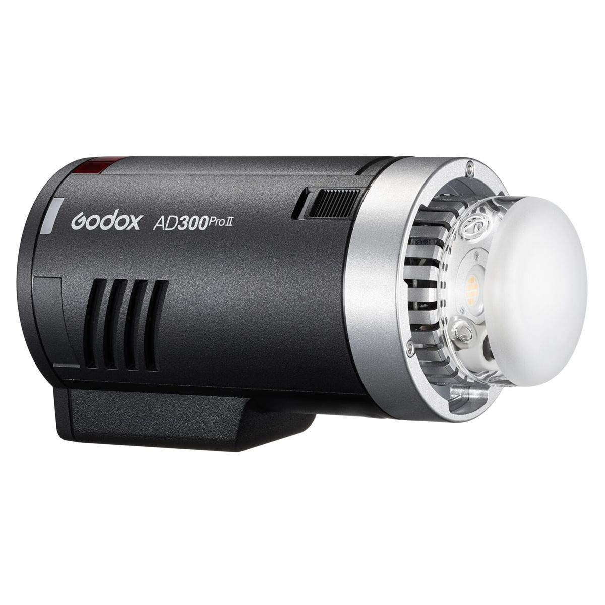 A black Godox AD300Pro flash unit with a silver ring and glass dome.