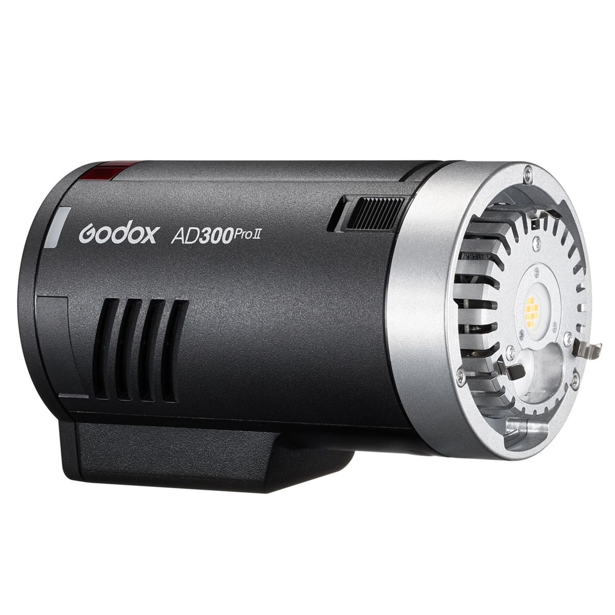 A black Godox AD300Pro II strobe head with a silver reflector.