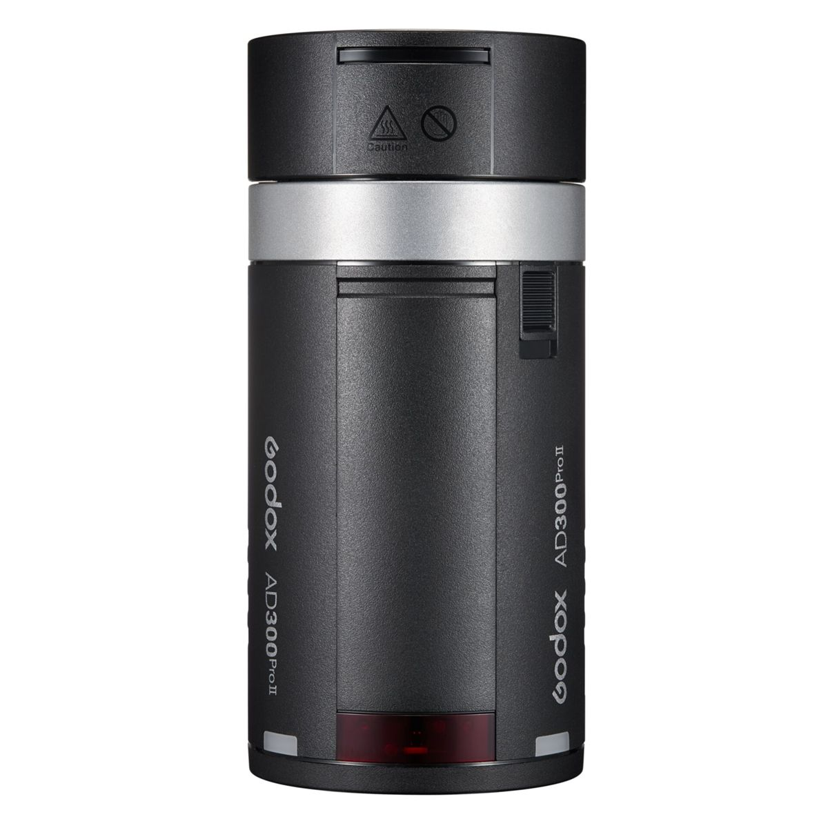Black Godox AD300ProII strobe head with silver ring and red light indicator.