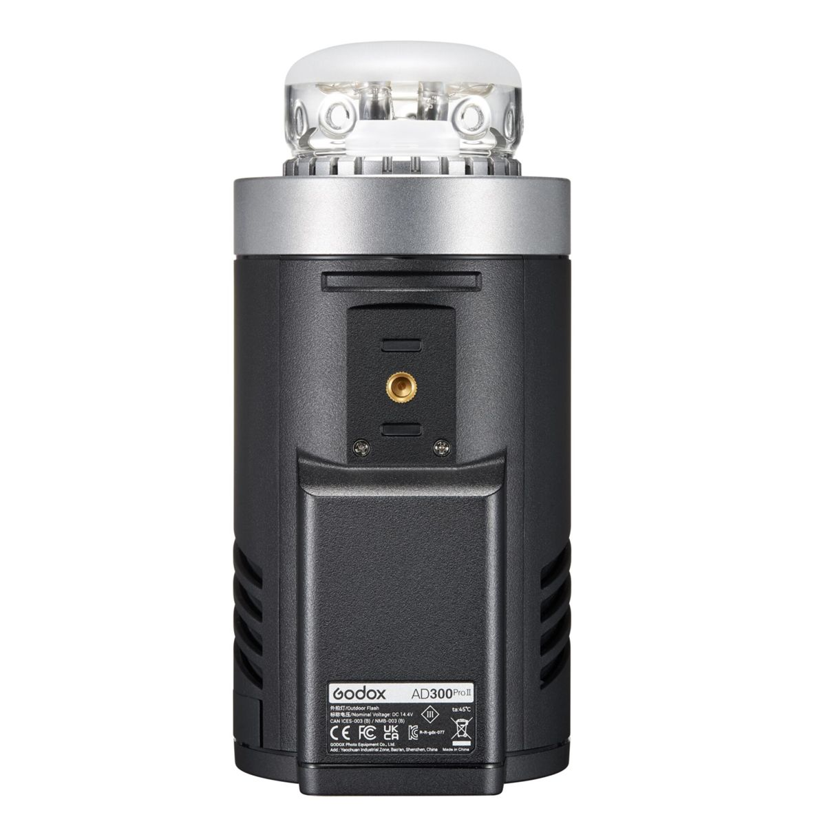 Godox AD300ProII flash unit with silver ring and black body.