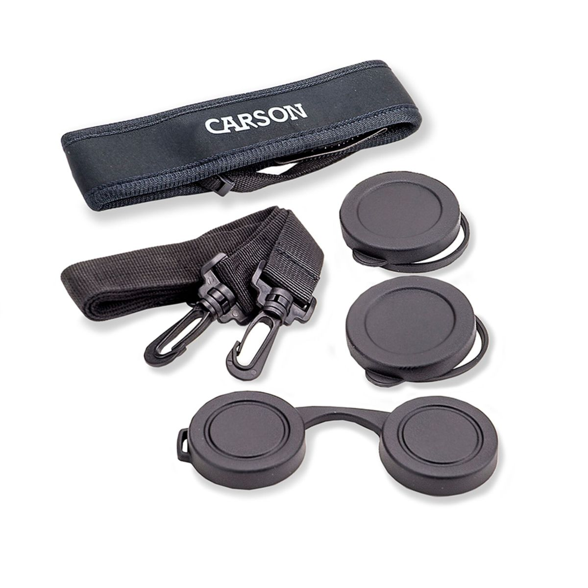 Tracolla nera e tappi obiettivo con logo Carson.