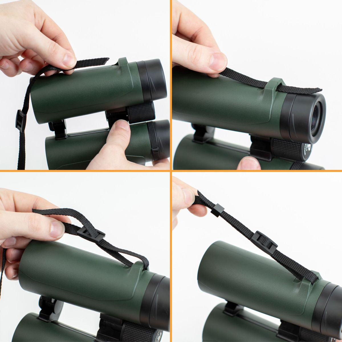 Istruzioni: Una cinghia viene fissata a un binocolo verde.