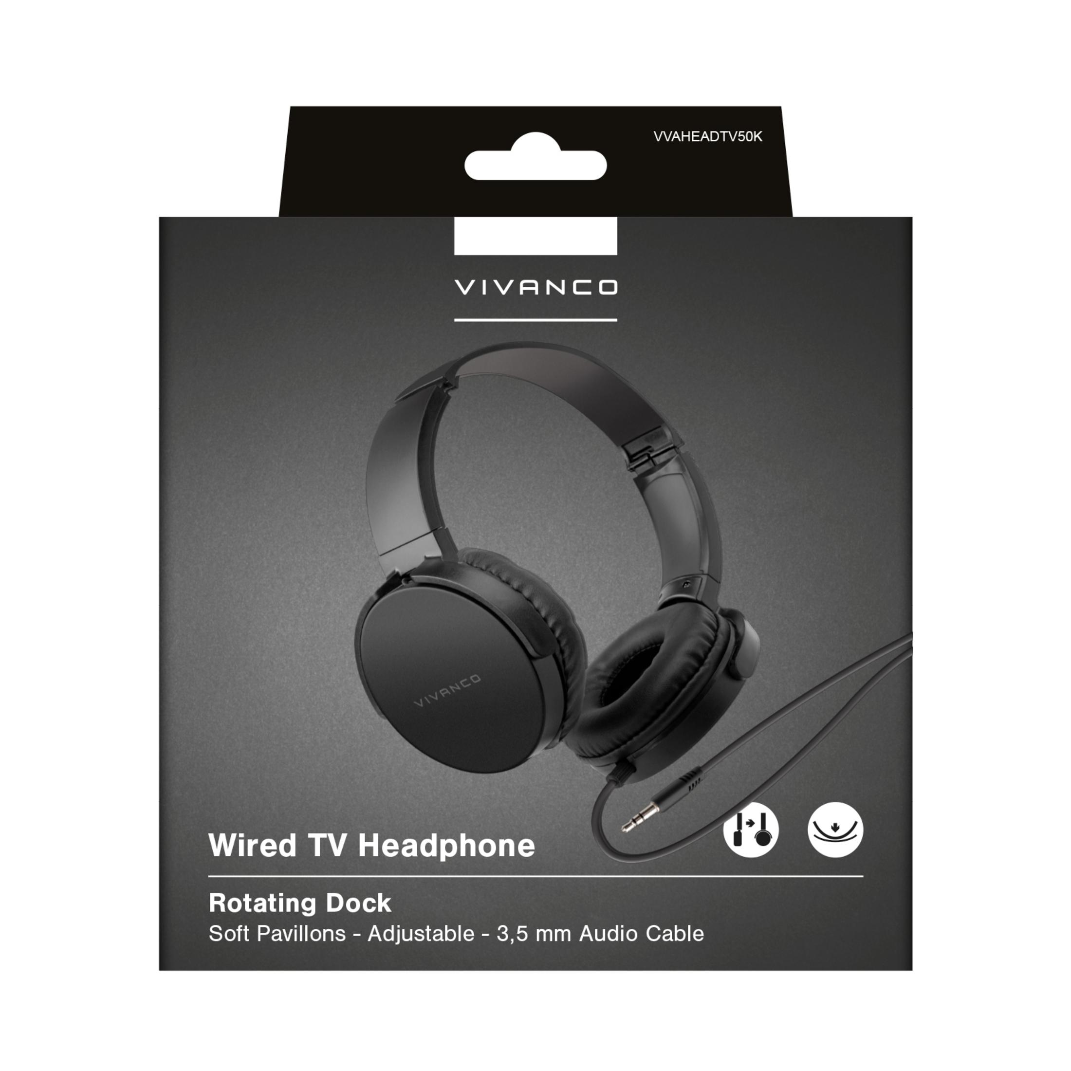 Casque TV VIVANCO noir filaire avec câble 3,5 mm et station d'accueil rotative.