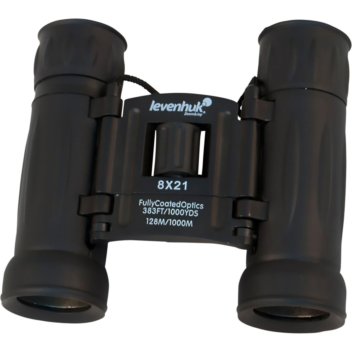 Schwarze Fernglas mit Levenhuk-Logo und 8x21-Beschriftung.
