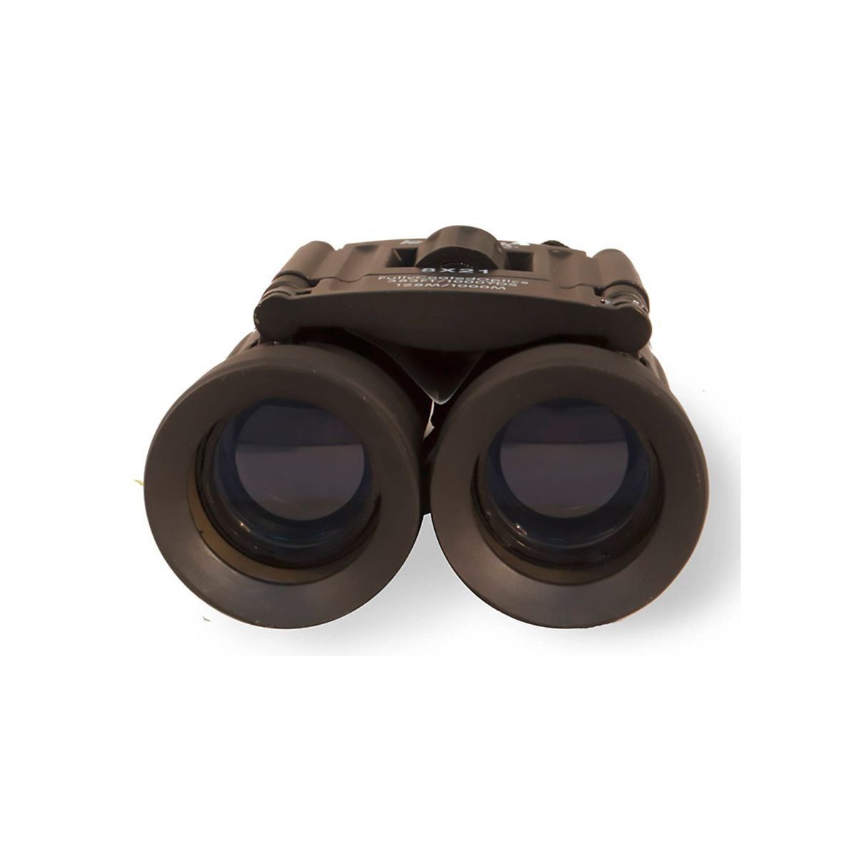 Binocolo nero con due lenti, bianco su sfondo bianco.