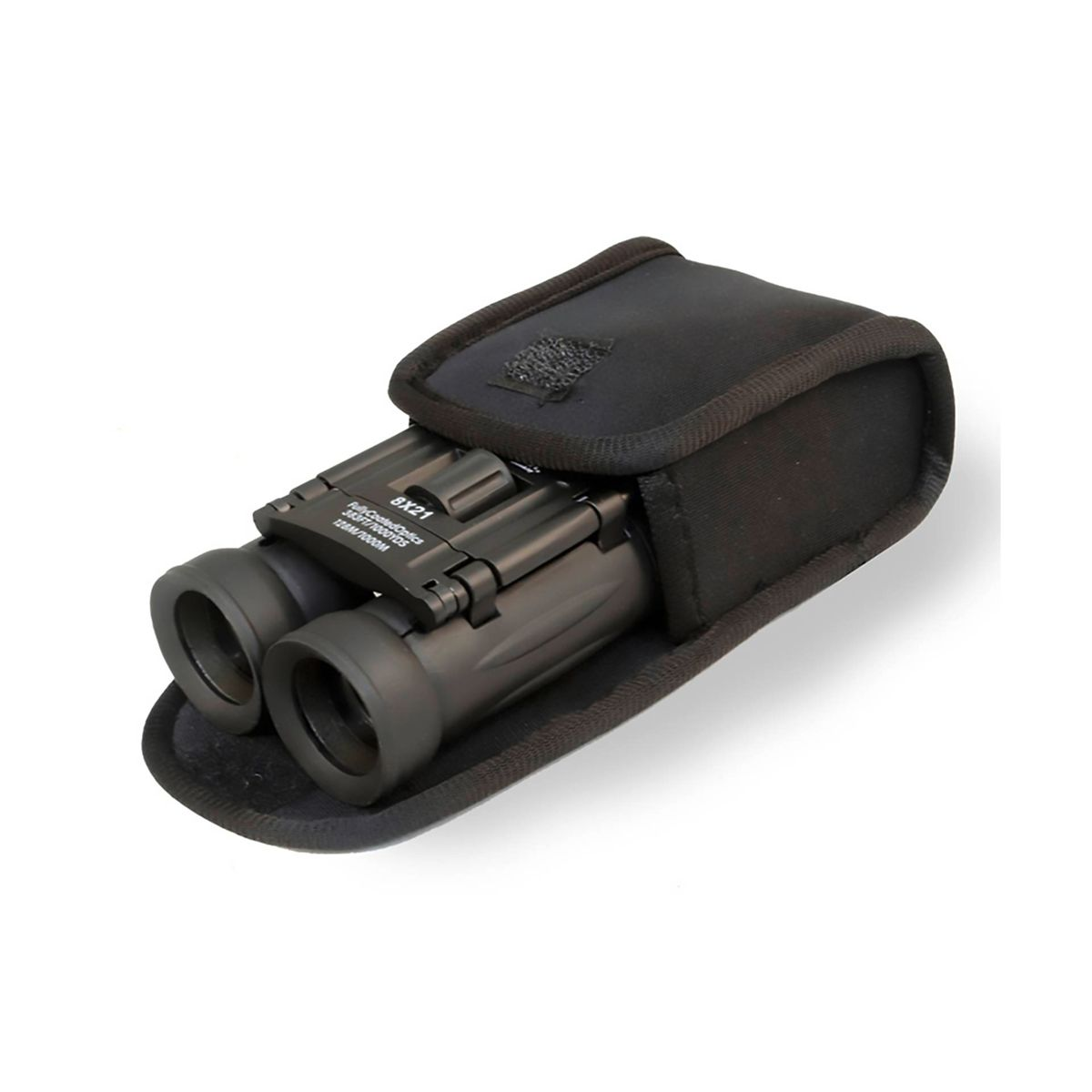 Binocolo nero in custodia nera, su sfondo bianco.