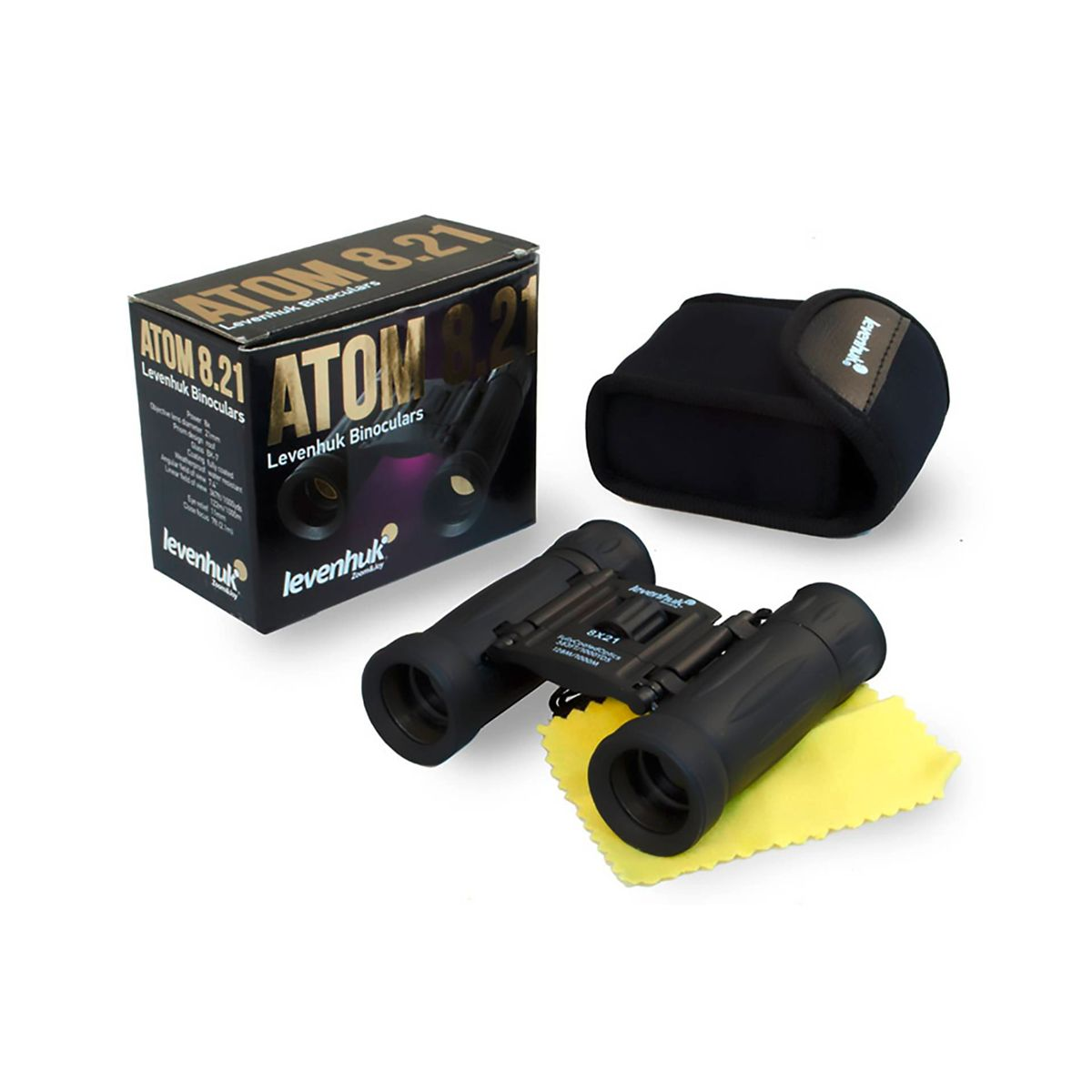 Binocolo Levenhuk nero con scatola, custodia e panno giallo.