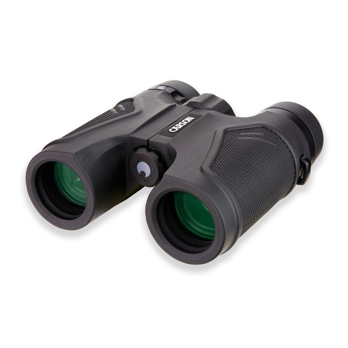 Binocolo Carson nero con lenti verdi su sfondo bianco.