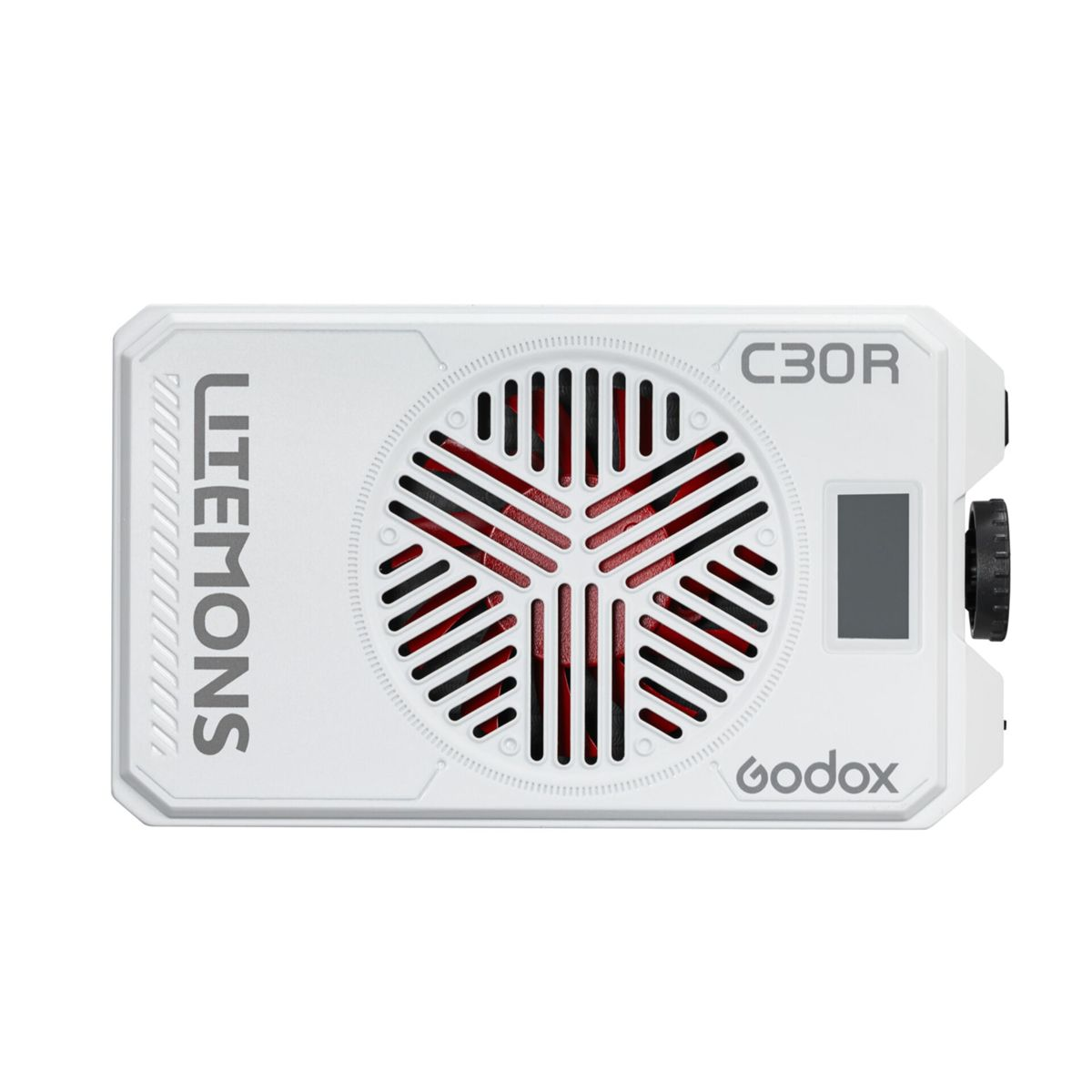 Une lumière Godox Litemons C30R blanche avec grille de ventilateur rouge.