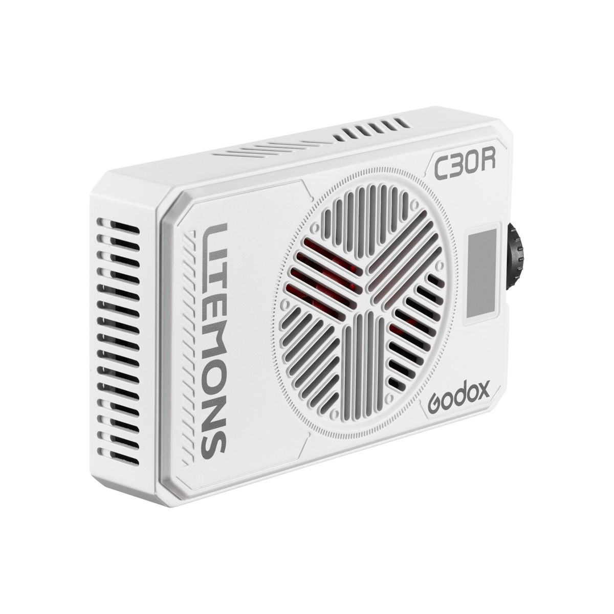 Une lumière LED blanche avec des évents et le logo Godox.