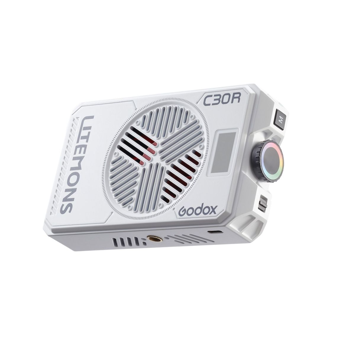 Une lumière Godox C30R blanche avec grille de ventilateur et boutons.