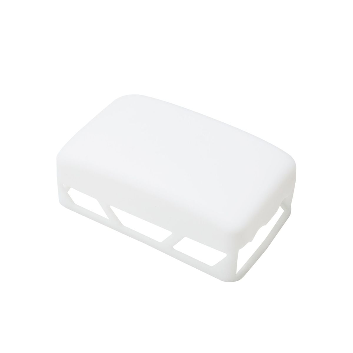 Un protecteur blanc et rectangulaire pour un objet avec des découpes inclinées sur les côtés.