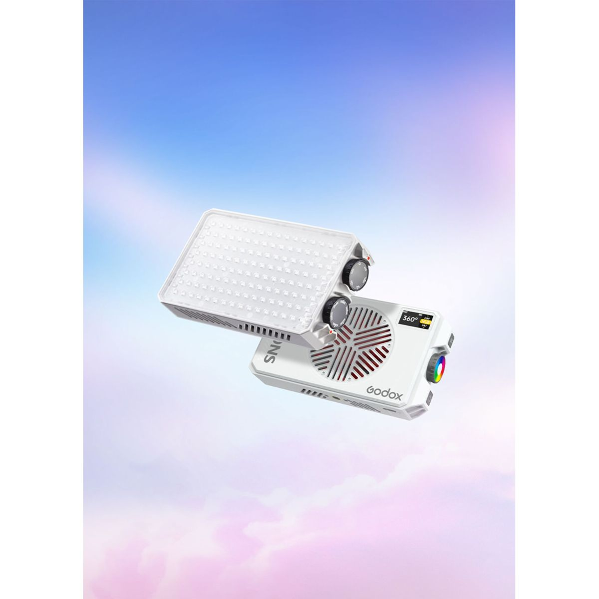 Deux lumières LED blanches avec des molettes, sur un ciel coloré.