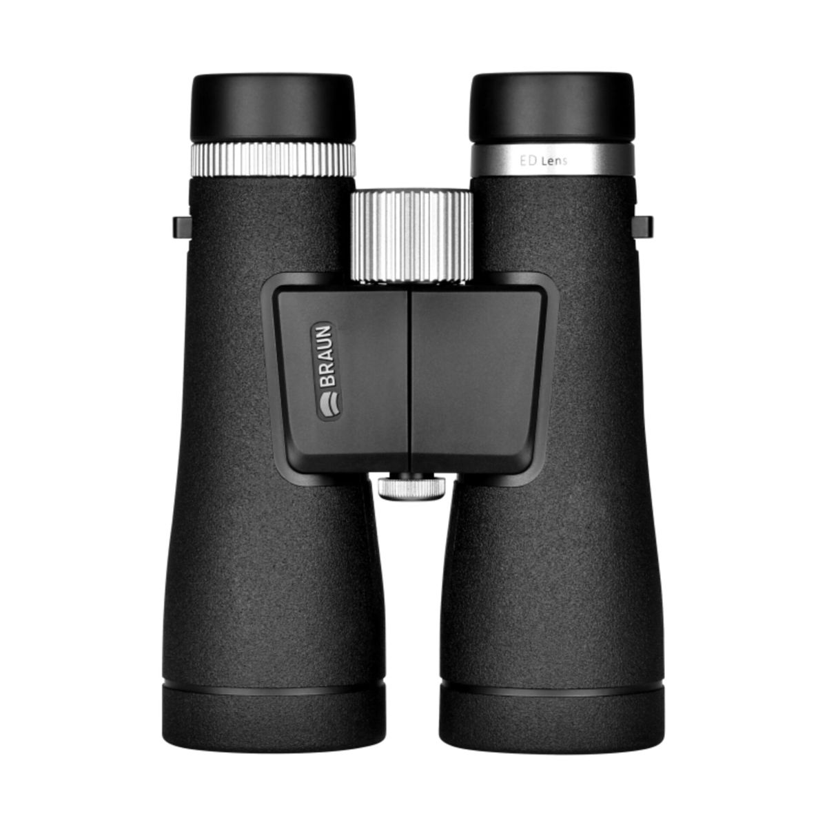 Schwarze Fernglas mit silbernen Akzenten und dem Braun-Logo.