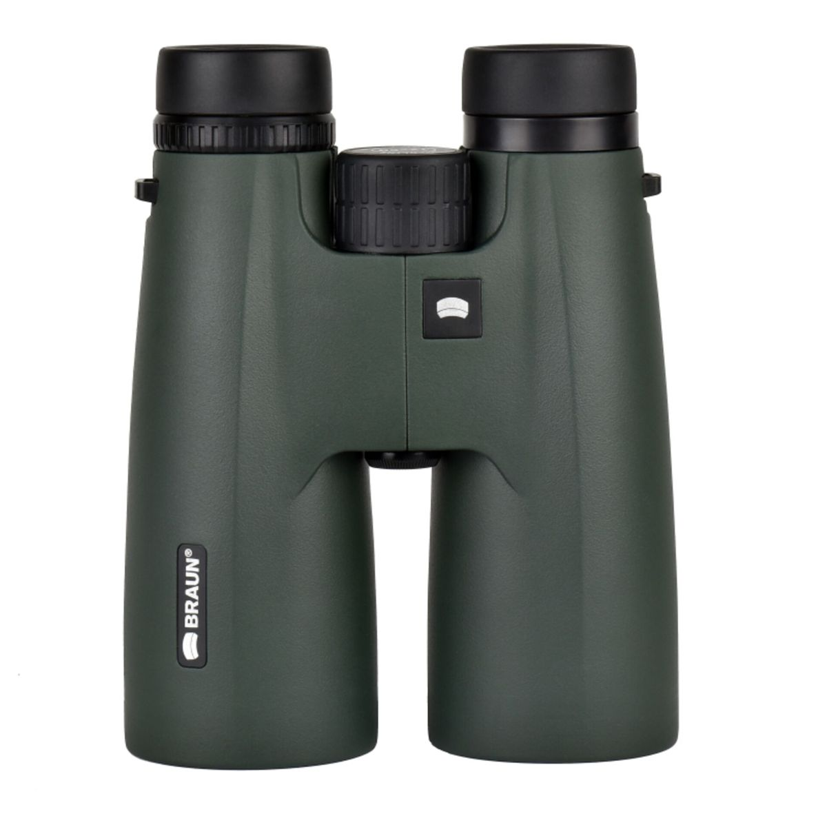 Binocolo verde scuro con tappi neri e rotella di messa a fuoco.