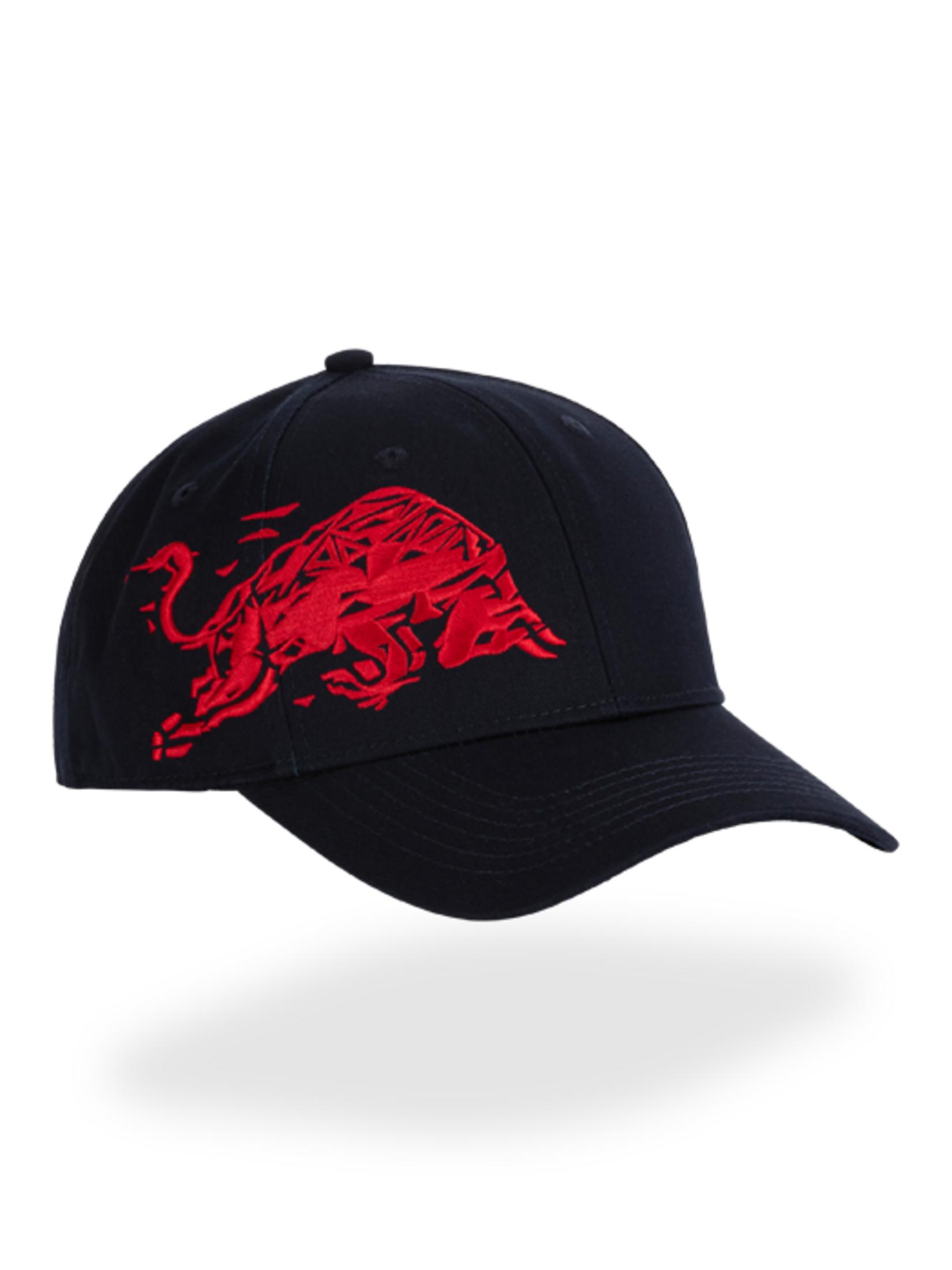 Cappellino nero con logo del toro rosso ricamato sul davanti.