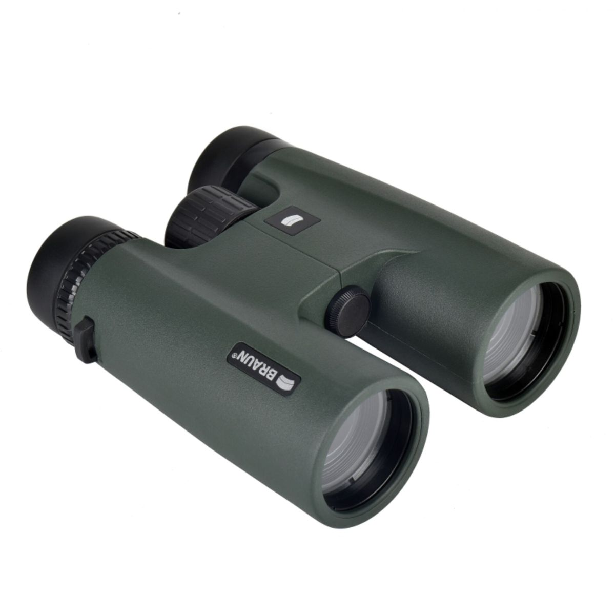 Binocolo Braun verde con rotella di messa a fuoco e copriobiettivi.