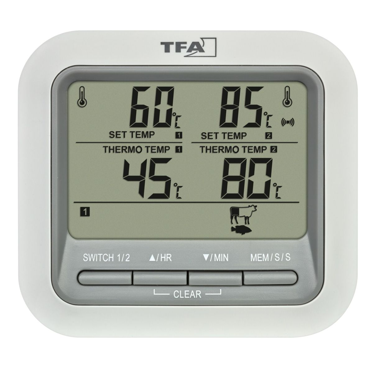 Digitales Thermometer mit TFA-Logo zeigt zwei Temperaturwerte an.