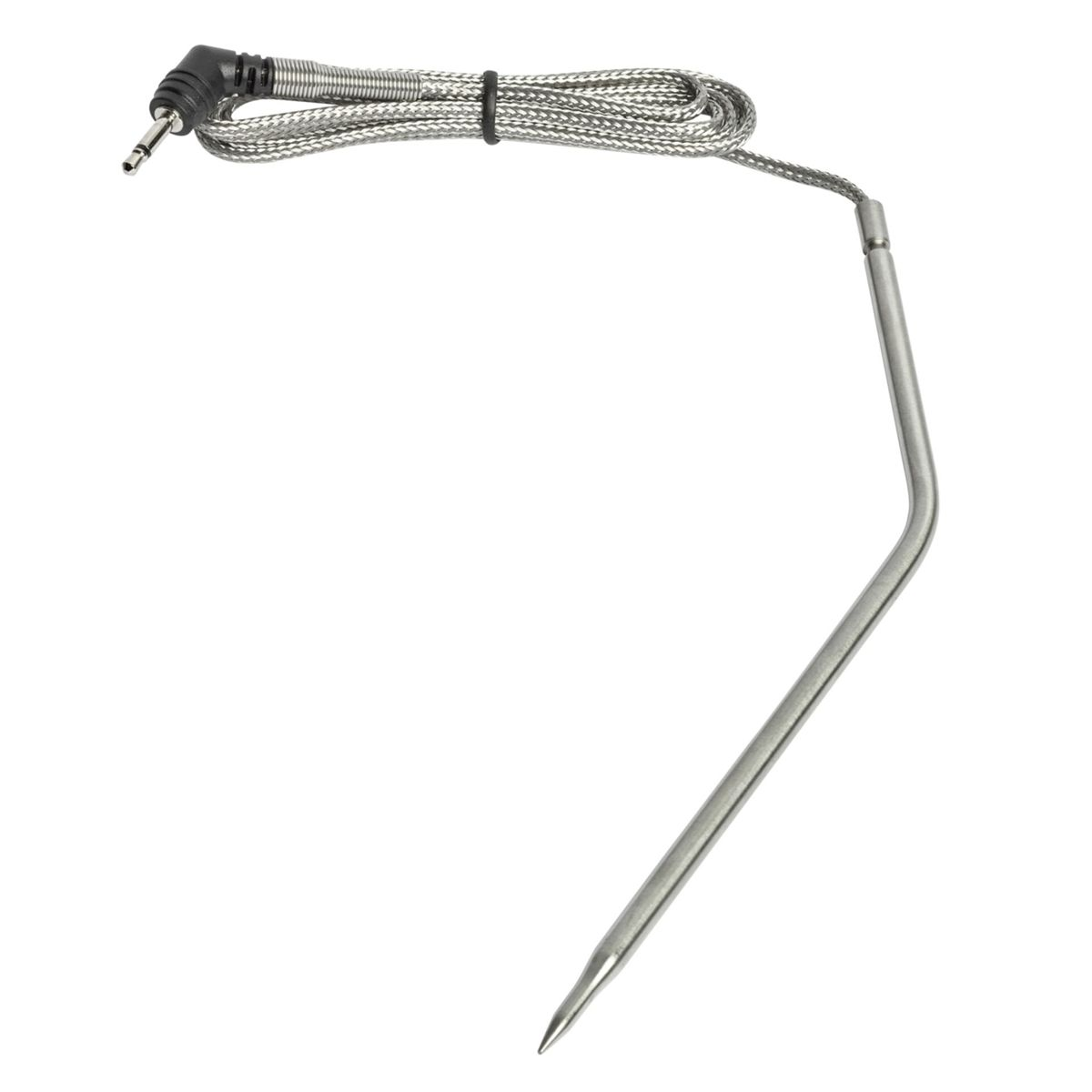 Ein silberner Grillthermometer-Fühler mit Kabel und 3,5-mm-Stecker.