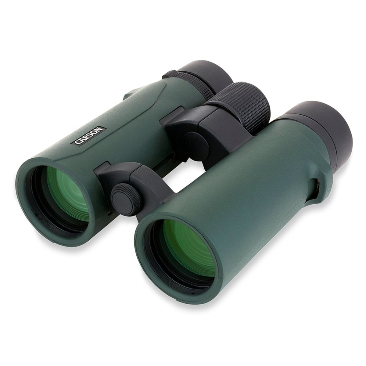 Binocolo verde Carson con rotella di messa a fuoco nera e copriobiettivi.